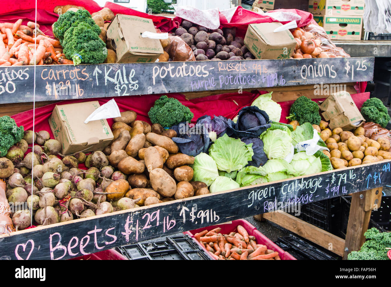 Markt-Anzeige von frischen Produkten wie Kartoffeln, Rüben und Karotten auf dem Bauernmarkt, Beaverton, Oregon, USA Stockfoto