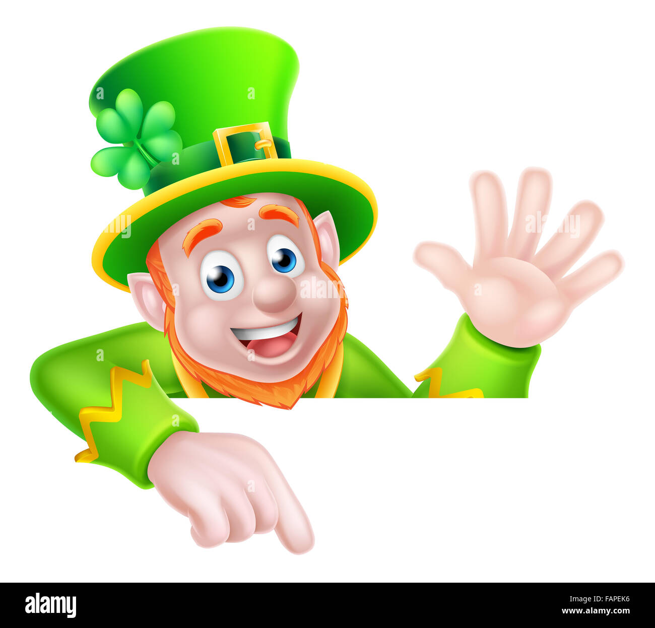 Kobold cartoon St Patricks Day Charakter spähen über ein Schild nach unten an ihm und winken Stockfoto