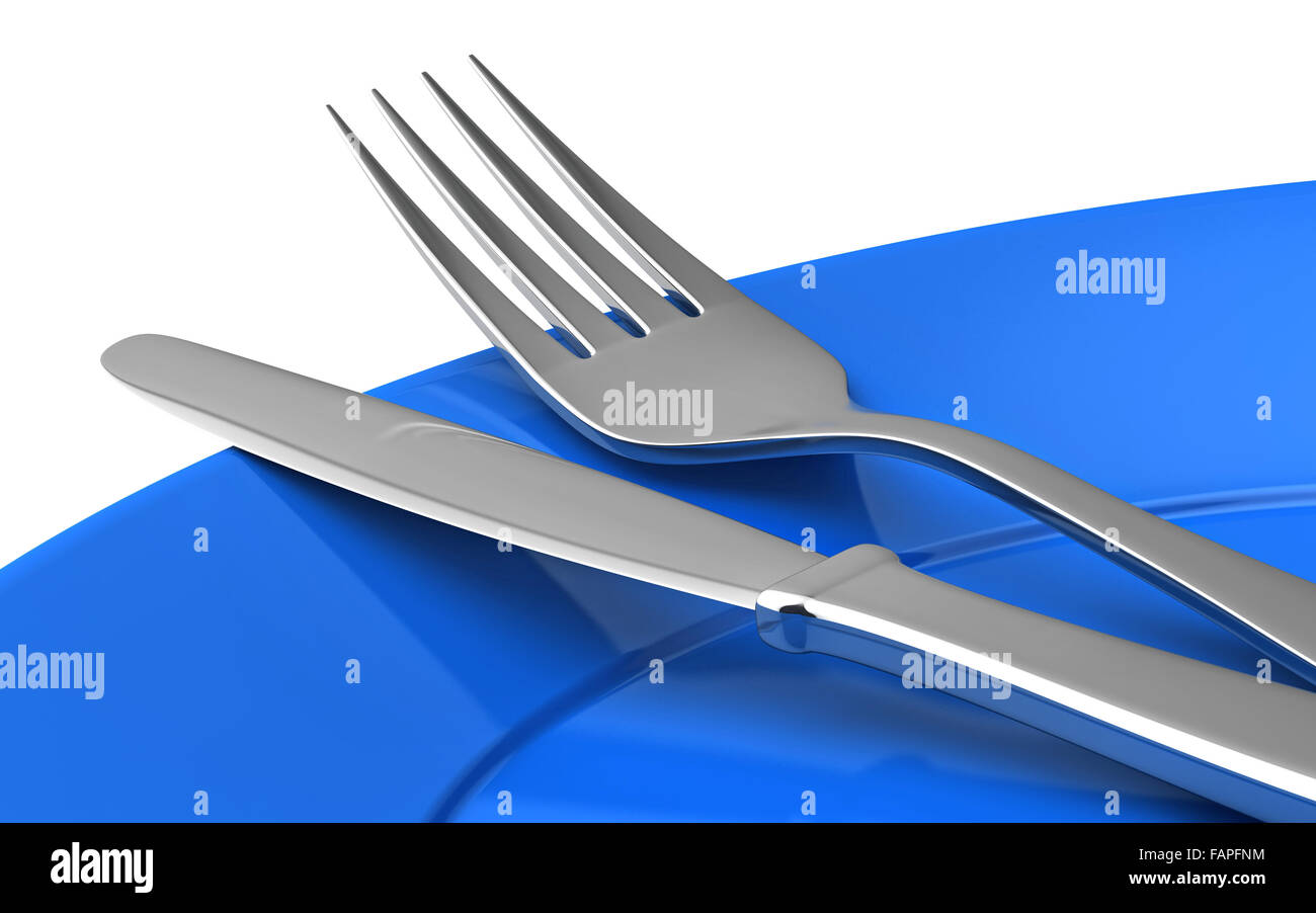 3D Render von Messer und Gabel in blaue Platte isoliert auf weißem Hintergrund Stockfoto