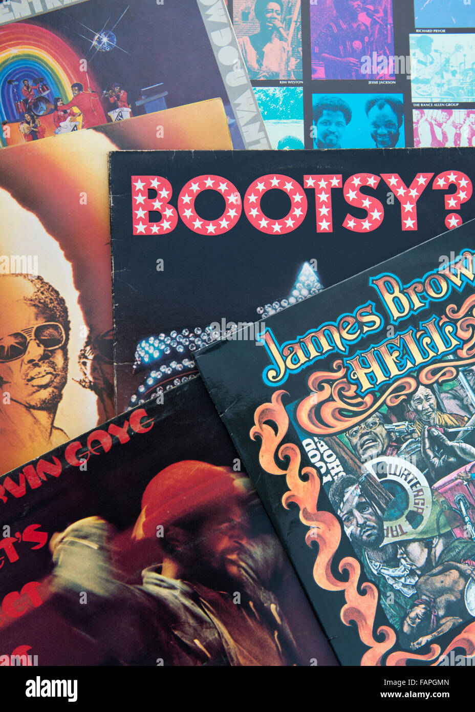 Nahaufnahme der 1970er-Jahre-Soul und Funk-Alben Stockfoto