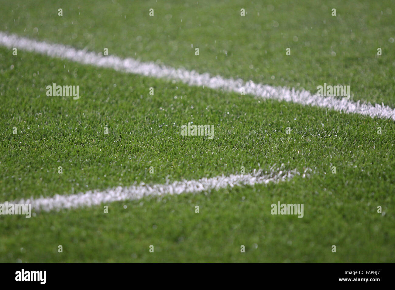 Weiße Streifen auf dem grünen Fußball-Feld Stockfoto