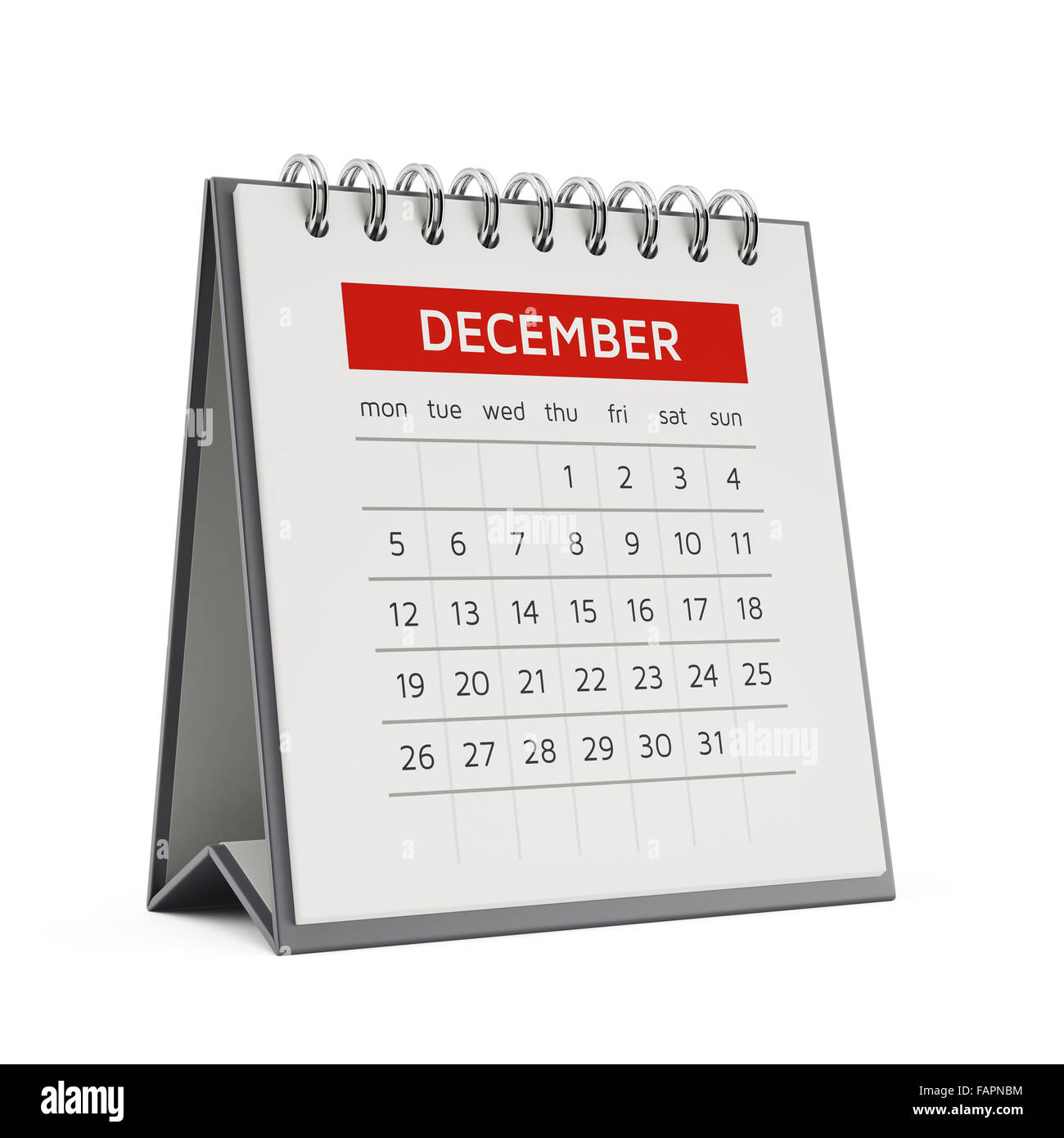 3D Dezember Desktop-Kalender mit weichen Schatten isoliert auf weißem Hintergrund Stockfoto