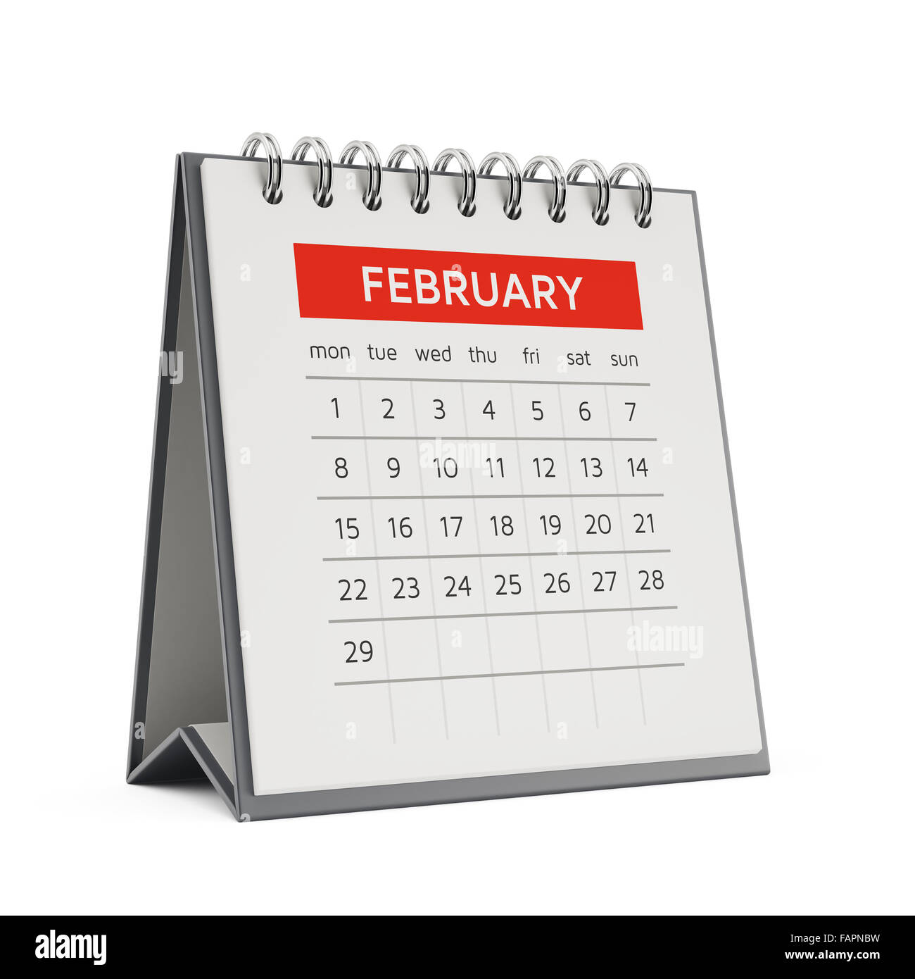 3D Februar Desktop-Kalender mit weichen Schatten isoliert auf weißem Hintergrund Stockfoto