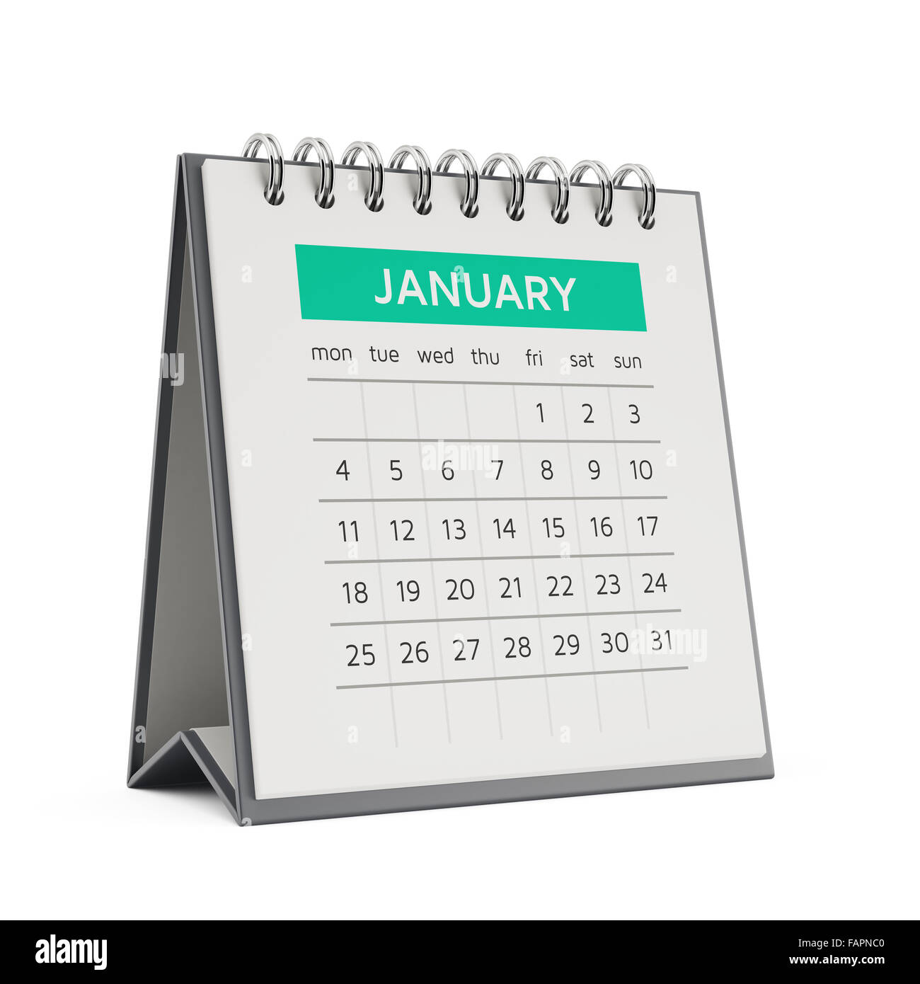 3D Januar Desktop-Kalender mit weichen Schatten isoliert auf weißem Hintergrund Stockfoto