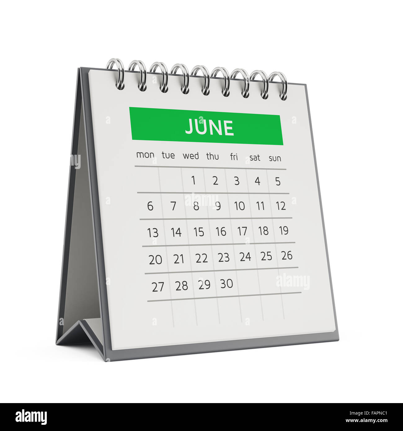 3D Juni Desktop-Kalender mit weichen Schatten isoliert auf weißem Hintergrund Stockfoto