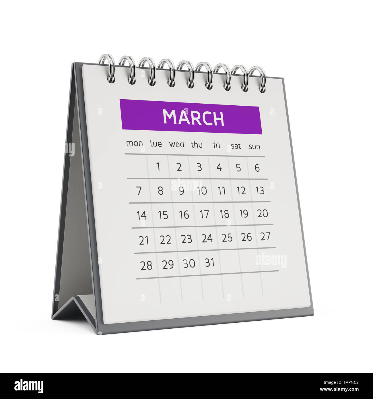 3D März Desktop-Kalender mit weichen Schatten isoliert auf weißem Hintergrund Stockfoto