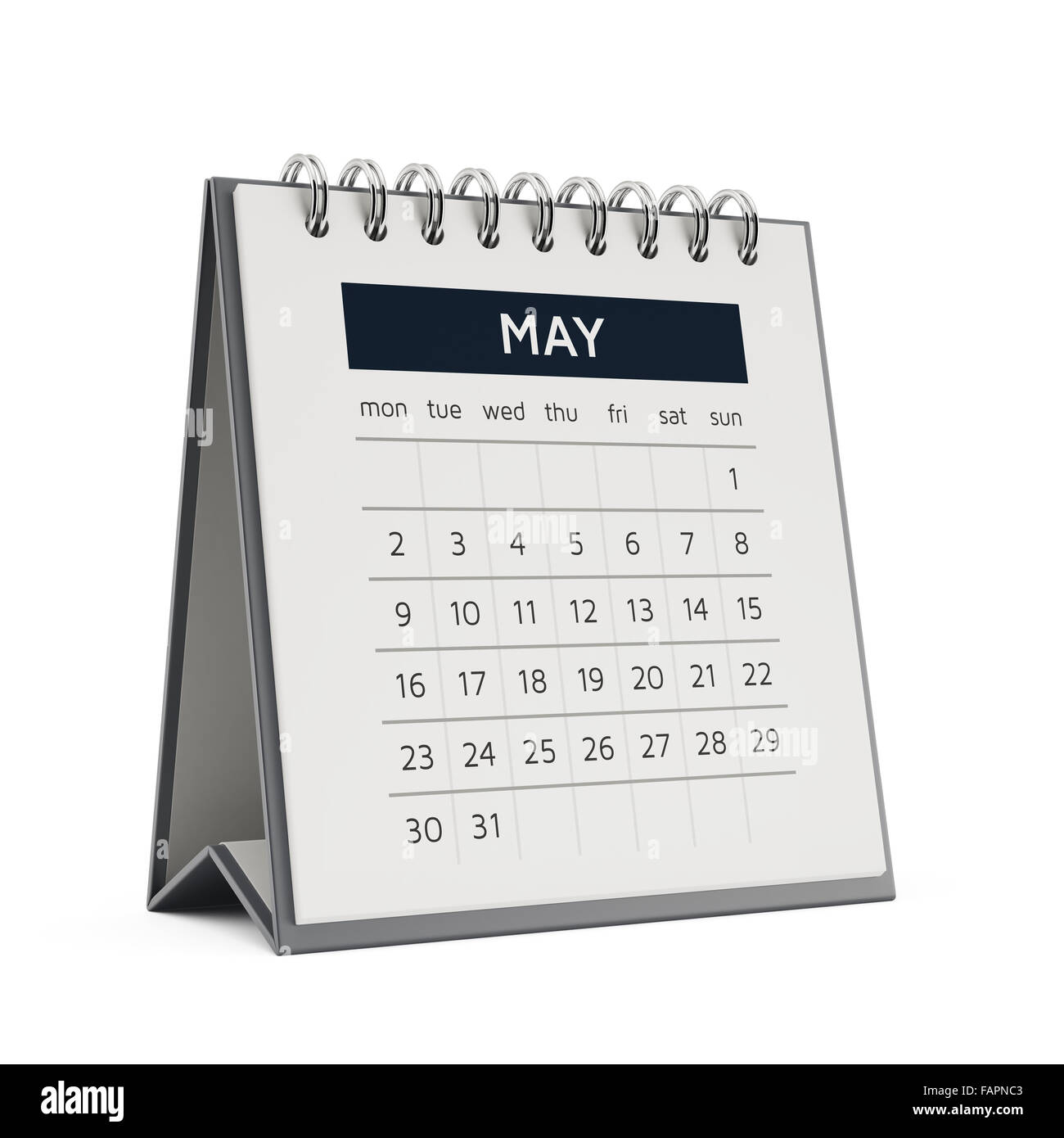 3D Mai Desktop-Kalender mit weichen Schatten isoliert auf weißem Hintergrund Stockfoto