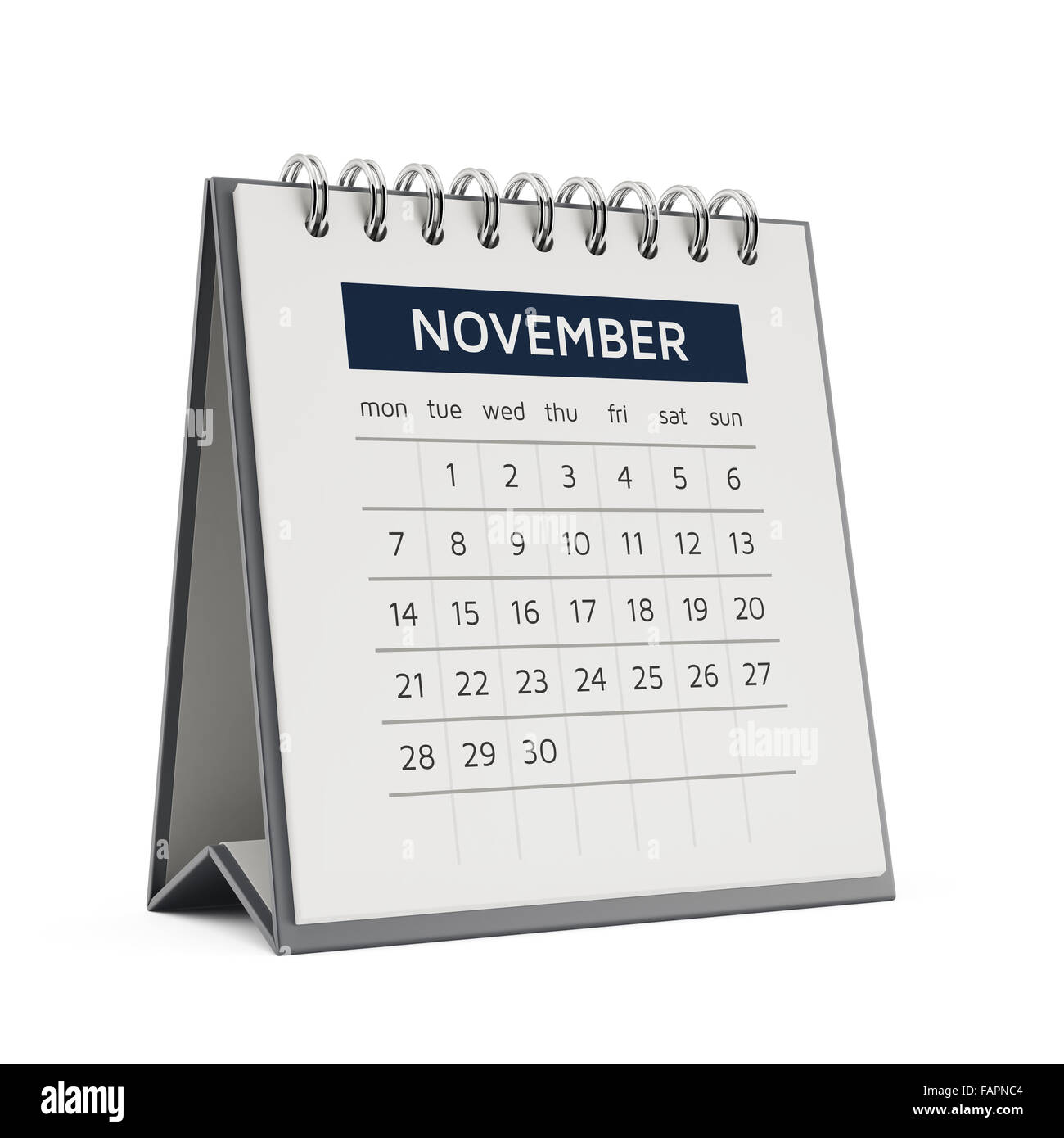 3D November Desktop-Kalender mit weichen Schatten isoliert auf weißem Hintergrund Stockfoto