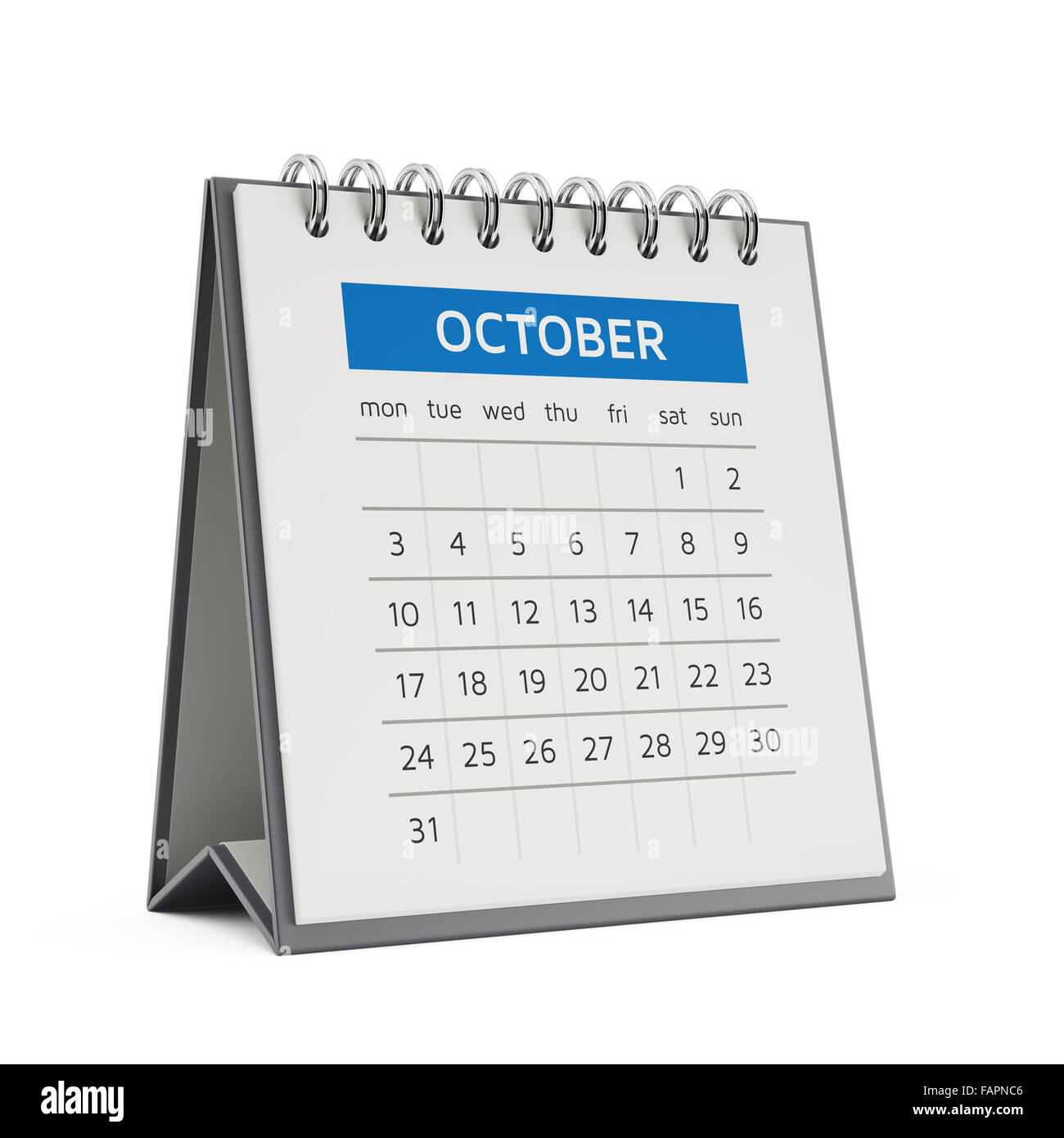 3D Oktober Desktop-Kalender mit weichen Schatten isoliert auf weißem Hintergrund Stockfoto