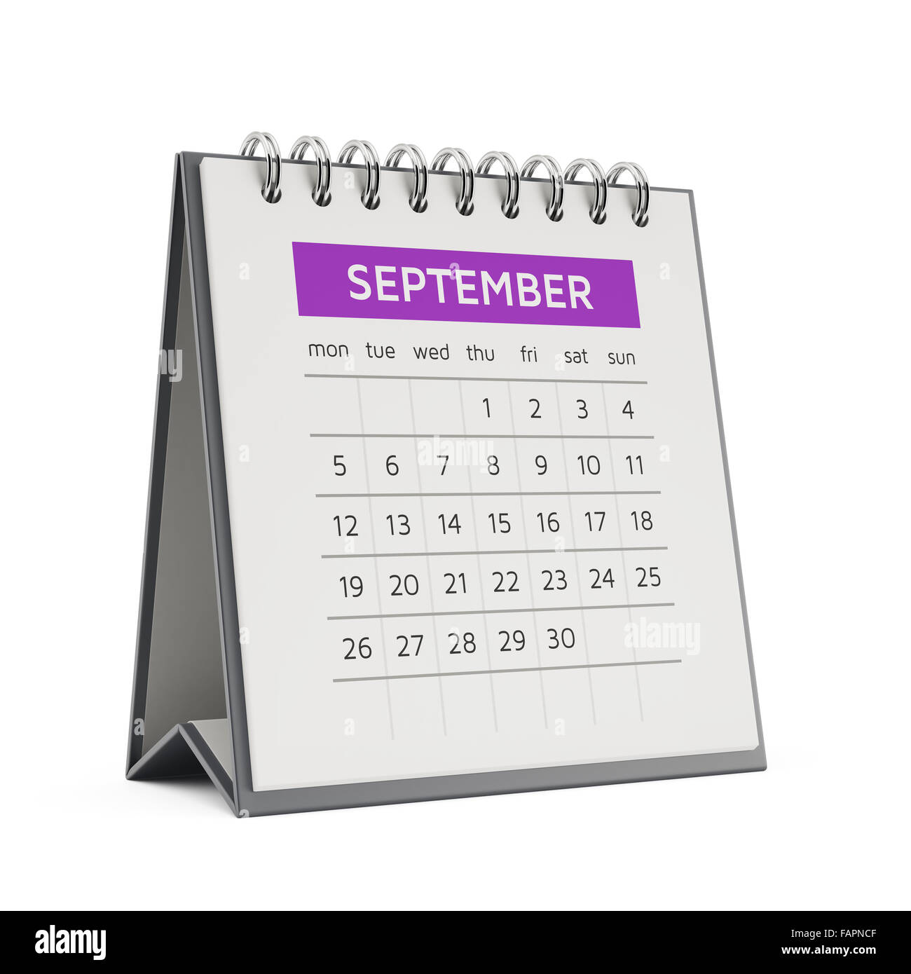 3D September Desktop-Kalender mit weichen Schatten isoliert auf weißem Hintergrund Stockfoto