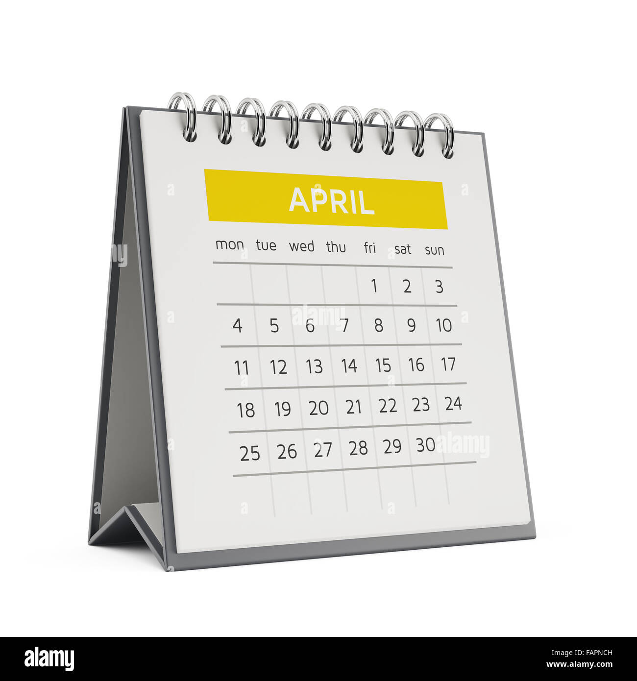 3D April Desktop-Kalender mit weichen Schatten isoliert auf weißem Hintergrund Stockfoto
