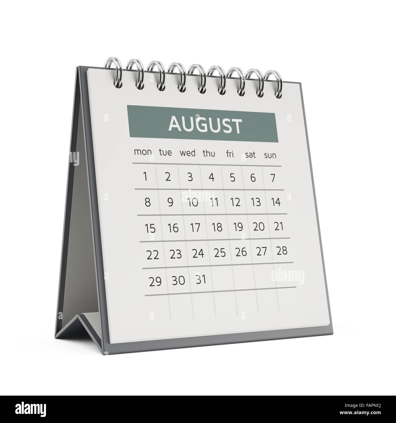 3D august desktop-Kalender mit weichen Schatten isoliert auf weißem Hintergrund Stockfoto