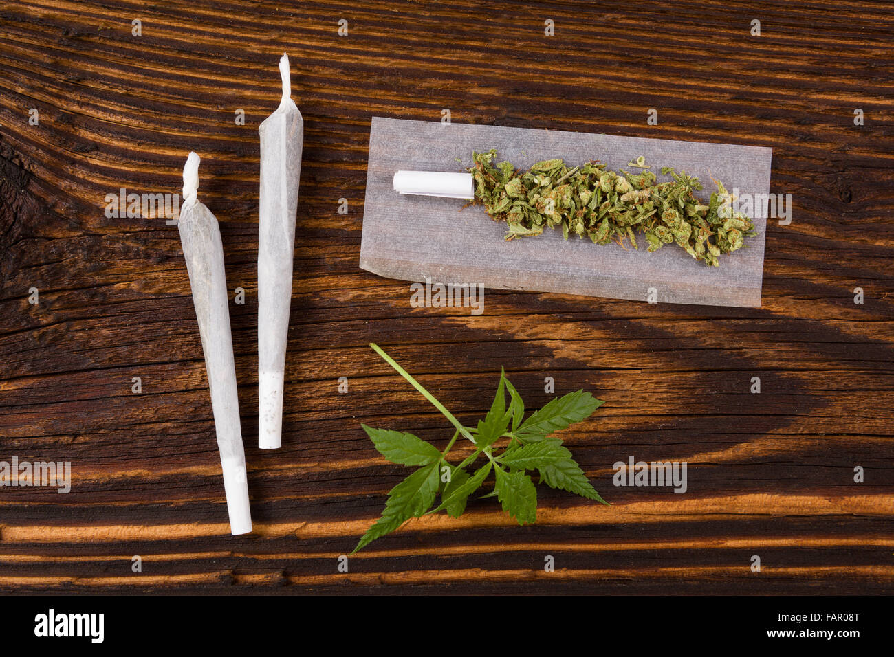 Marihuana-Hintergrund. Gemeinsame Cannabis, Knospen und Hanf Blätter auf Holztisch. Süchtig machende Droge oder alternative Medizin. Stockfoto