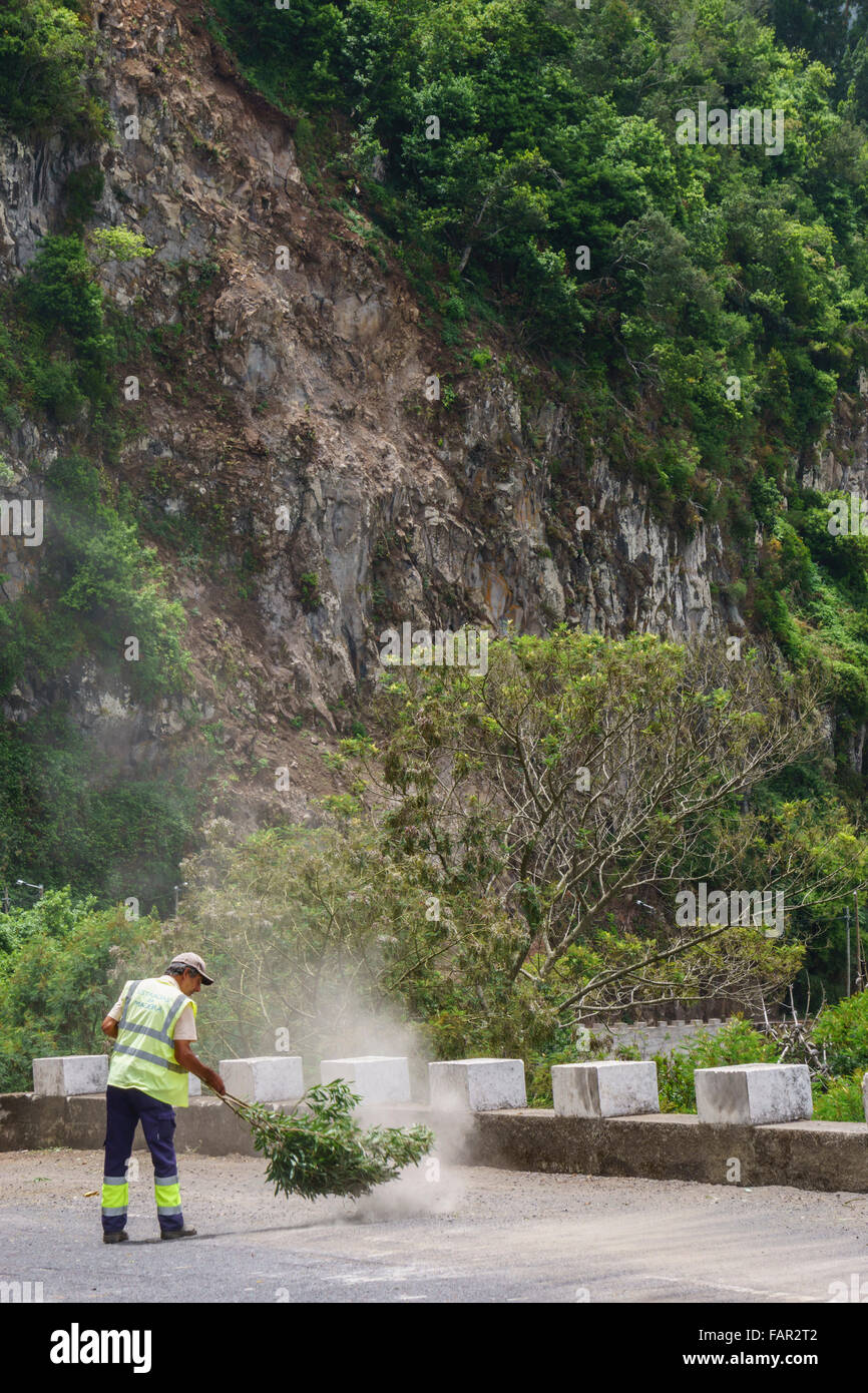 Madeira - Straße durch San Roque de Faial. Arbeiter verwendet einen Zweig als einen Besen, um losen Schotter von der Fahrbahn zu fegen. Stockfoto