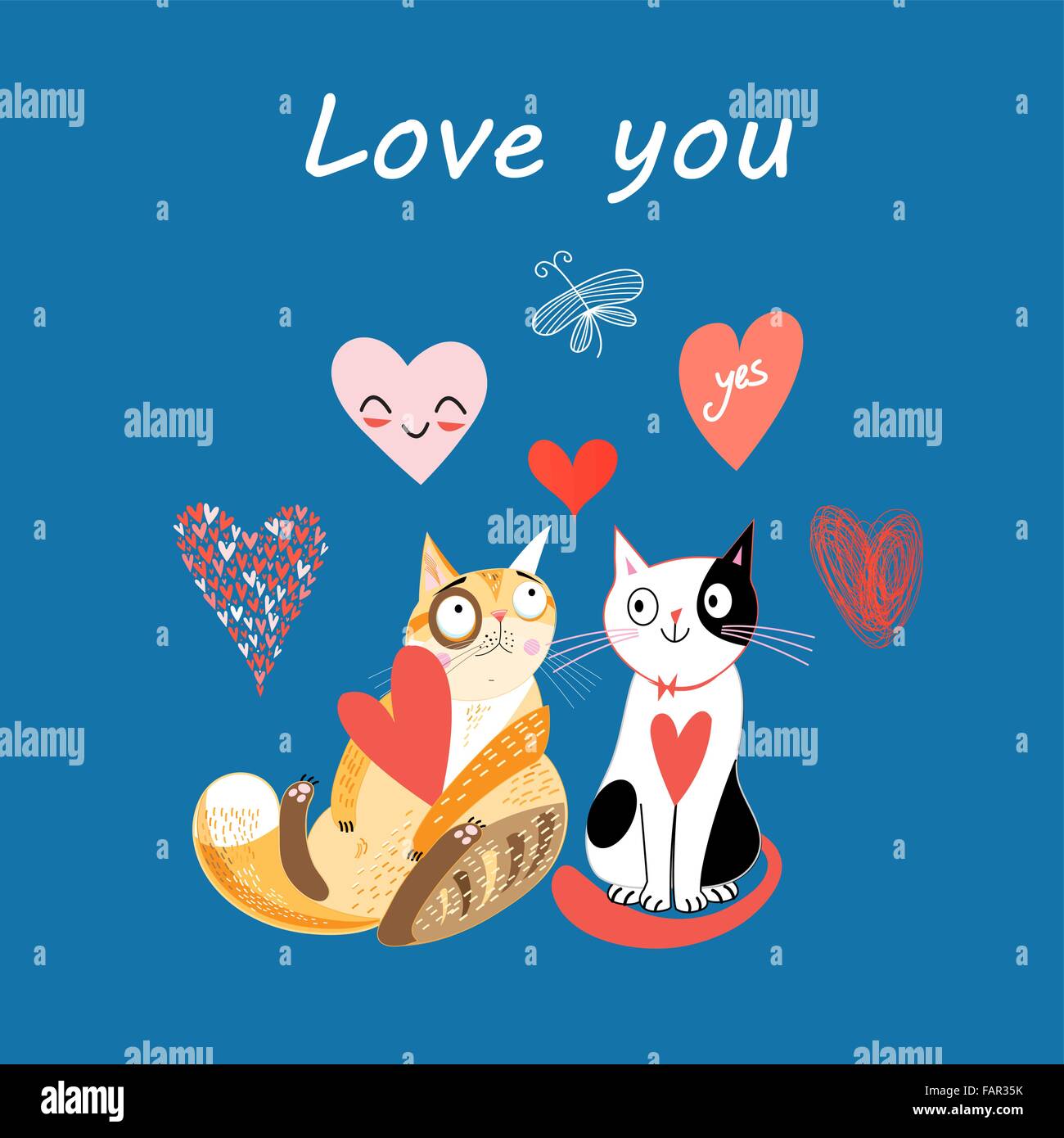 lustige Liebe Katzen und Herz auf blauem Hintergrund Stock Vektor