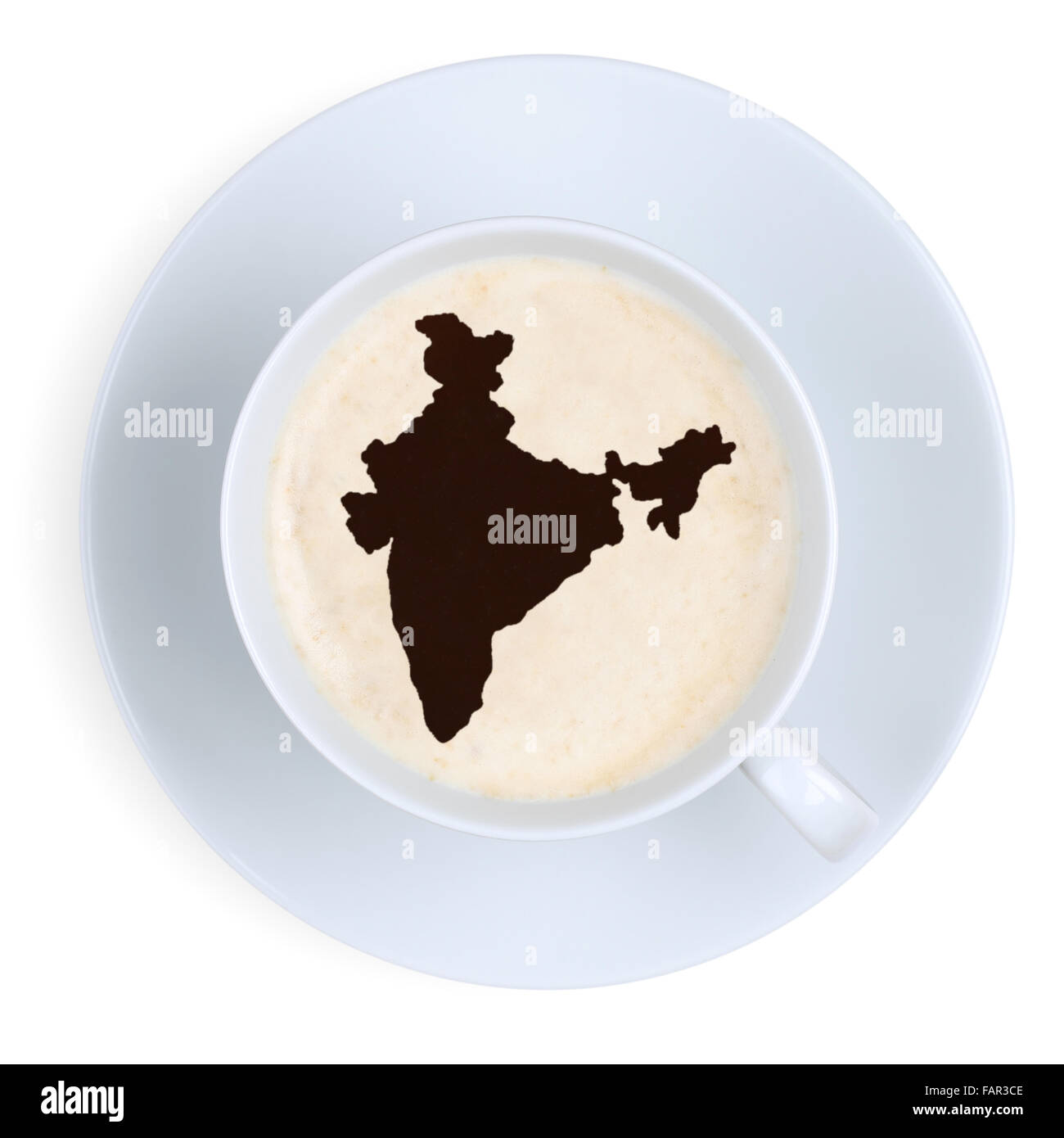 Kaffee in Tasse aus Indien Karte isoliert auf weißem Hintergrund Stockfoto