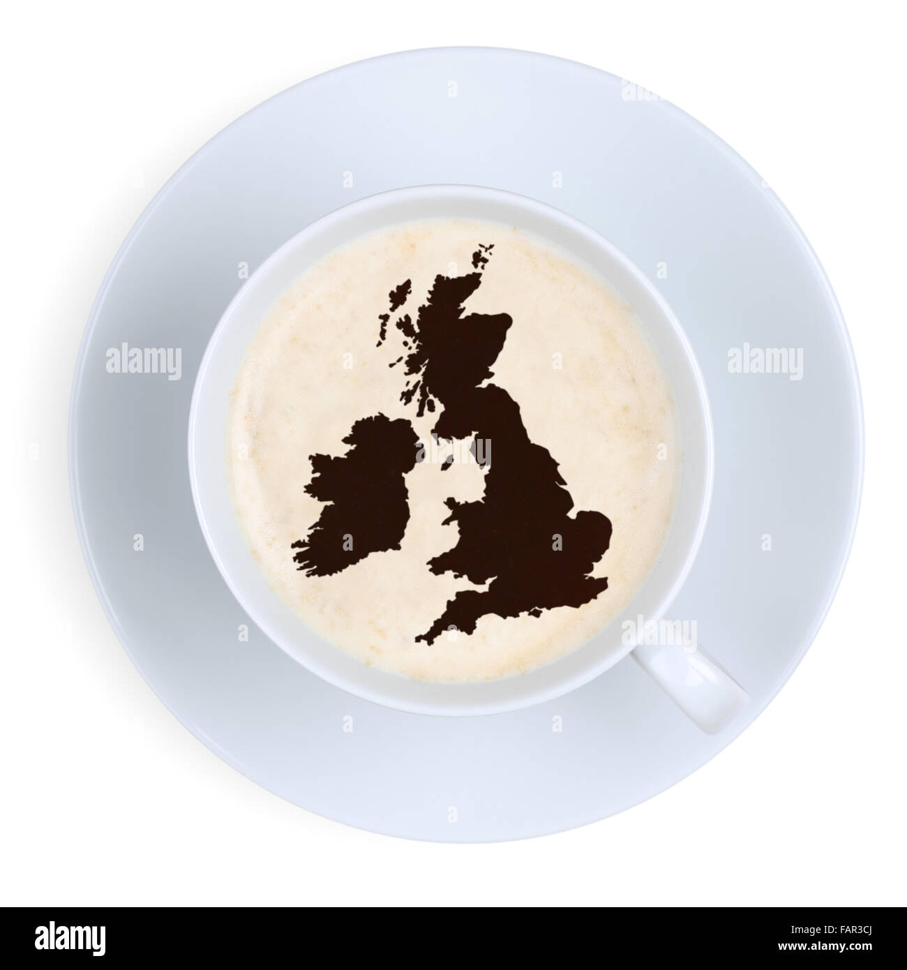 Kaffeepause in Großbritannien und Irland Karte Tasse isoliert auf weißem Hintergrund Stockfoto