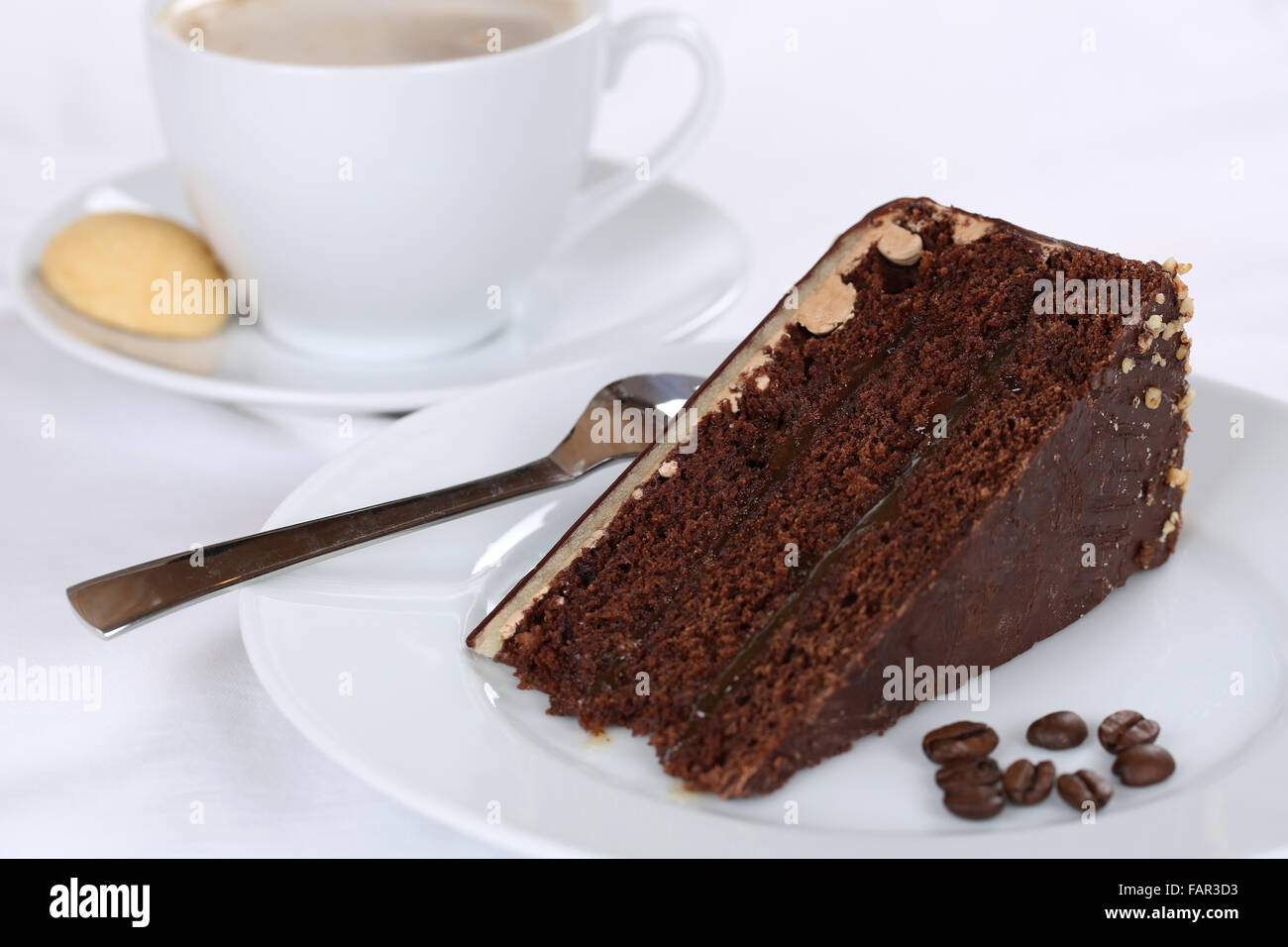 Heißen Kaffee trinken und süße Kuchen Schokolade Torte Dessert-Gebäck Stockfoto