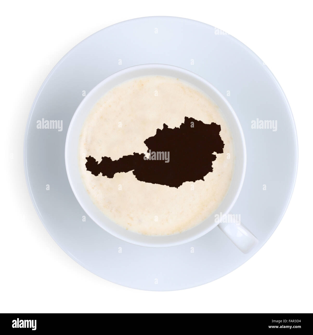 Kaffeepause in Österreich Karte Tasse isoliert auf weißem Hintergrund Stockfoto