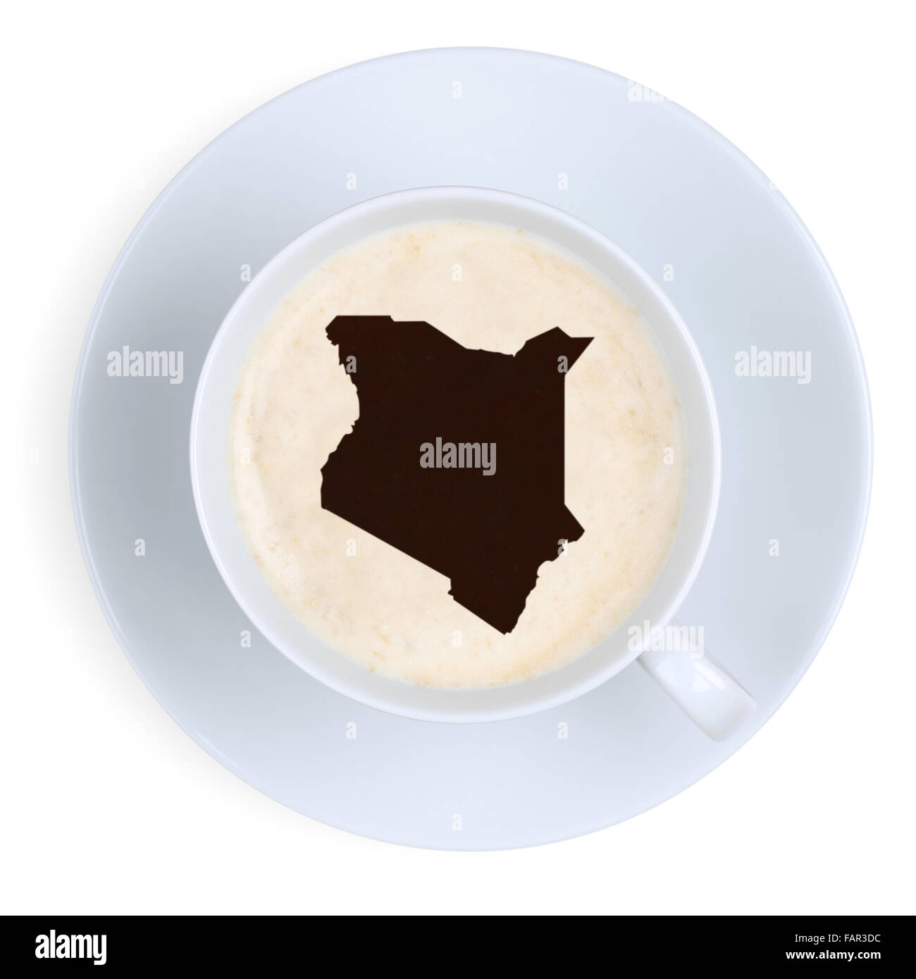 Kaffee in Tasse aus Kenia Karte isoliert auf weißem Hintergrund Stockfoto