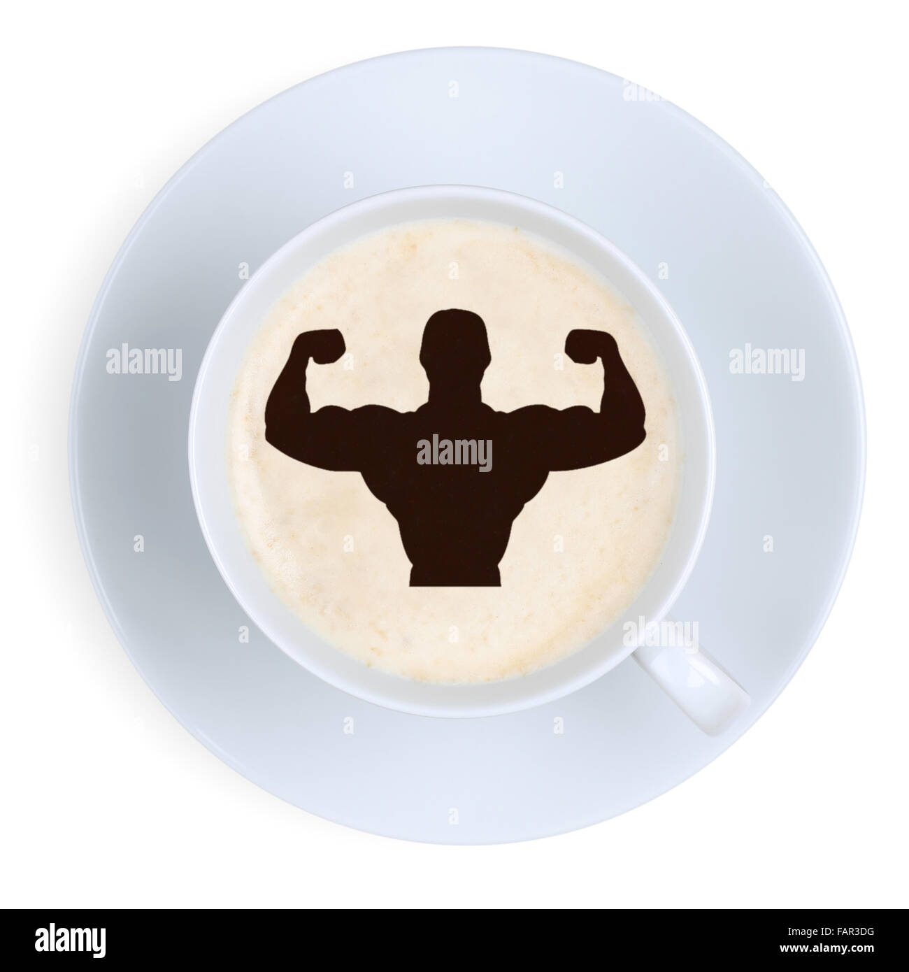 Kaffee Muskeln passen Energie macht starke Kraft im Arbeitsbüro mit Tasse isoliert auf weißem Hintergrund Stockfoto