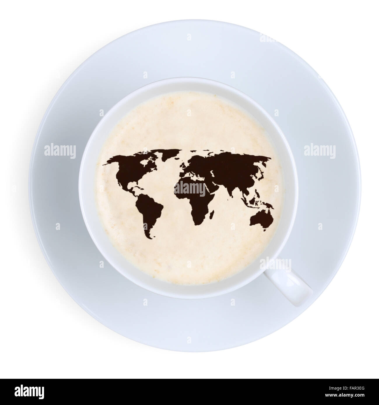 Kaffee in Tasse Erde Weltkarte isoliert auf weißem Hintergrund Stockfoto
