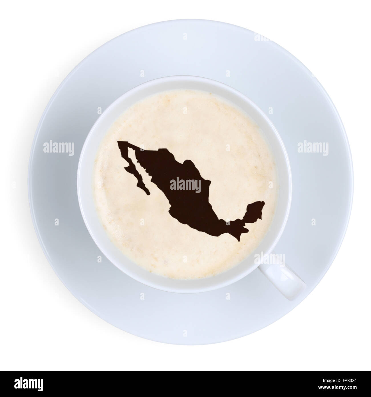 Kaffee in Tasse aus Mexiko Karte isoliert auf weißem Hintergrund Stockfoto