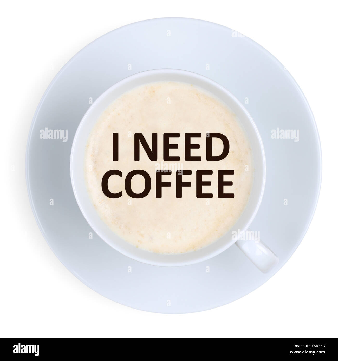 Ich brauche Energie macht Kaffeestärke bei Arbeit mit Tasse isoliert auf weißem Hintergrund Stockfoto