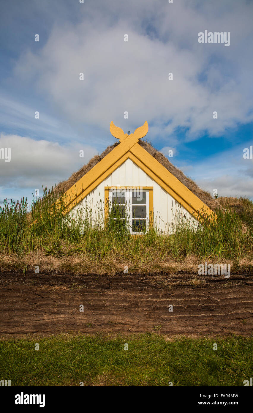 Historisches Glumbaer Farm Folk Museum, Turf House, Varmahlid, in Island, Europa, Torf Nordic beherbergt Sommerinsel Stockfoto