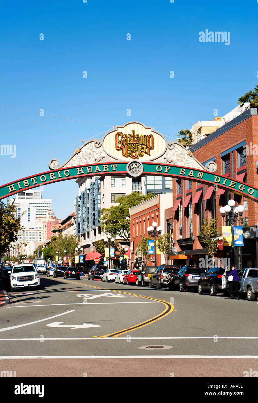 Das historische Gaslamp Quarter-Zeichen in der Innenstadt von San Diego, Kalifornien Stockfoto