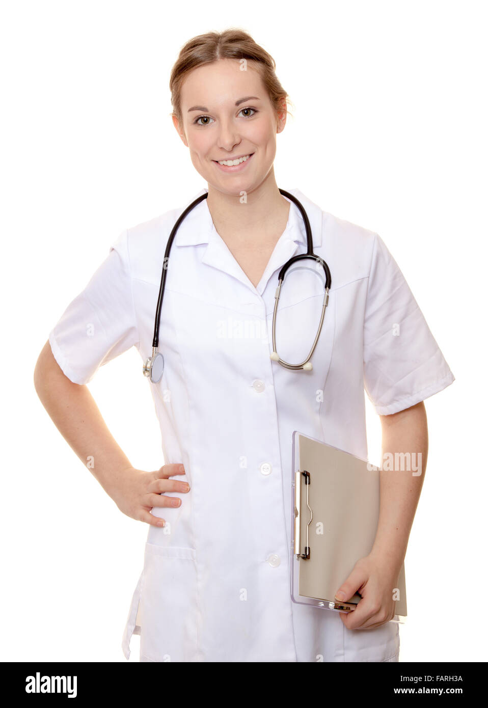 Attraktive Krankenschwester Holding klinischen Datensatz. Alle auf weißem Hintergrund. Stockfoto