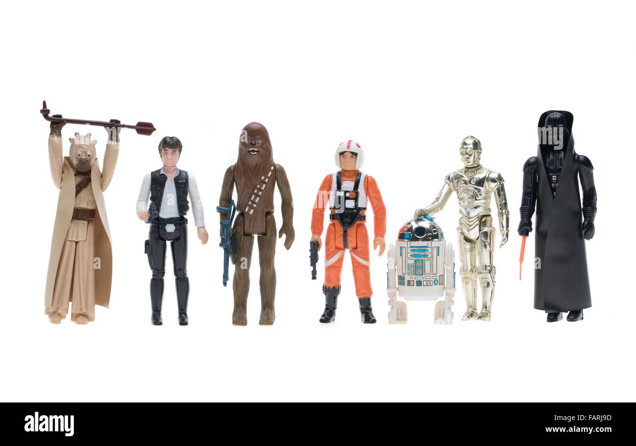Star Wars Action-Figuren von Kenner 1977 Tusken Raider, Han Solo, Chewbacca, C - 3P 0, Darth Vader, Luke Skywalker, R2-D2 Stockfoto