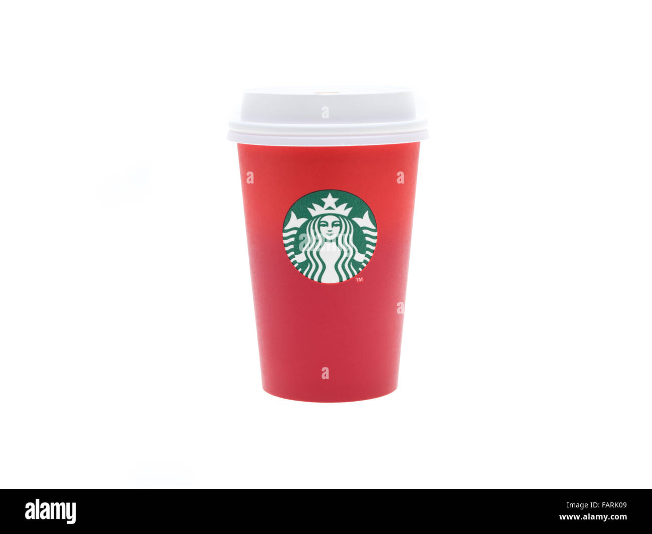 Starbucks Weihnachten 2015 rot Einweg-Kaffeetasse. Stockfoto