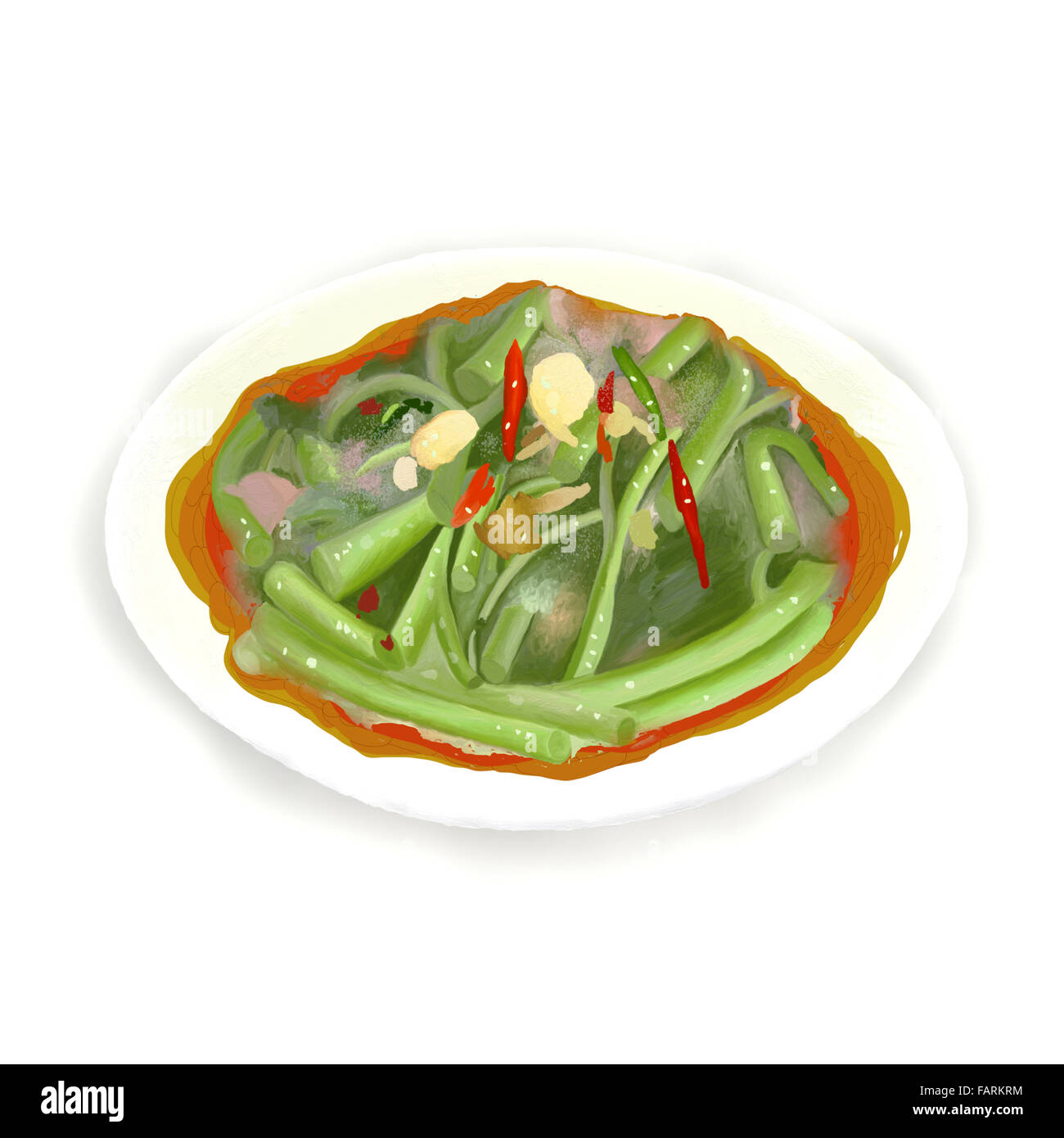 Stir-Fried Morning Glory (Pad Pak Boong) ist eine gesunde und schmackhafte Gericht im asiatischen Restaurant. Stockfoto