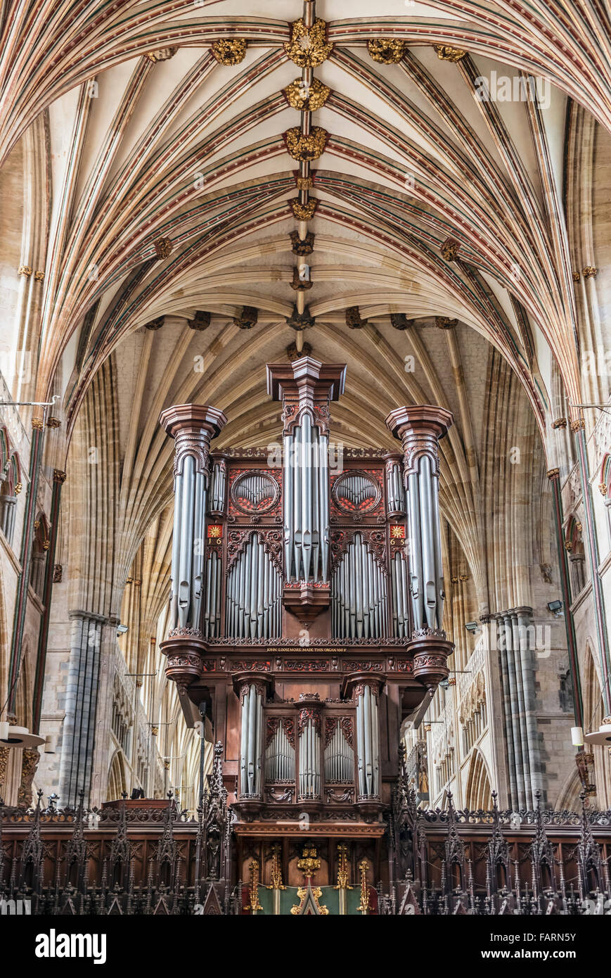 Pfeifenorgel in der Exeter Cathedral, Devon, England, Großbritannien Stockfoto