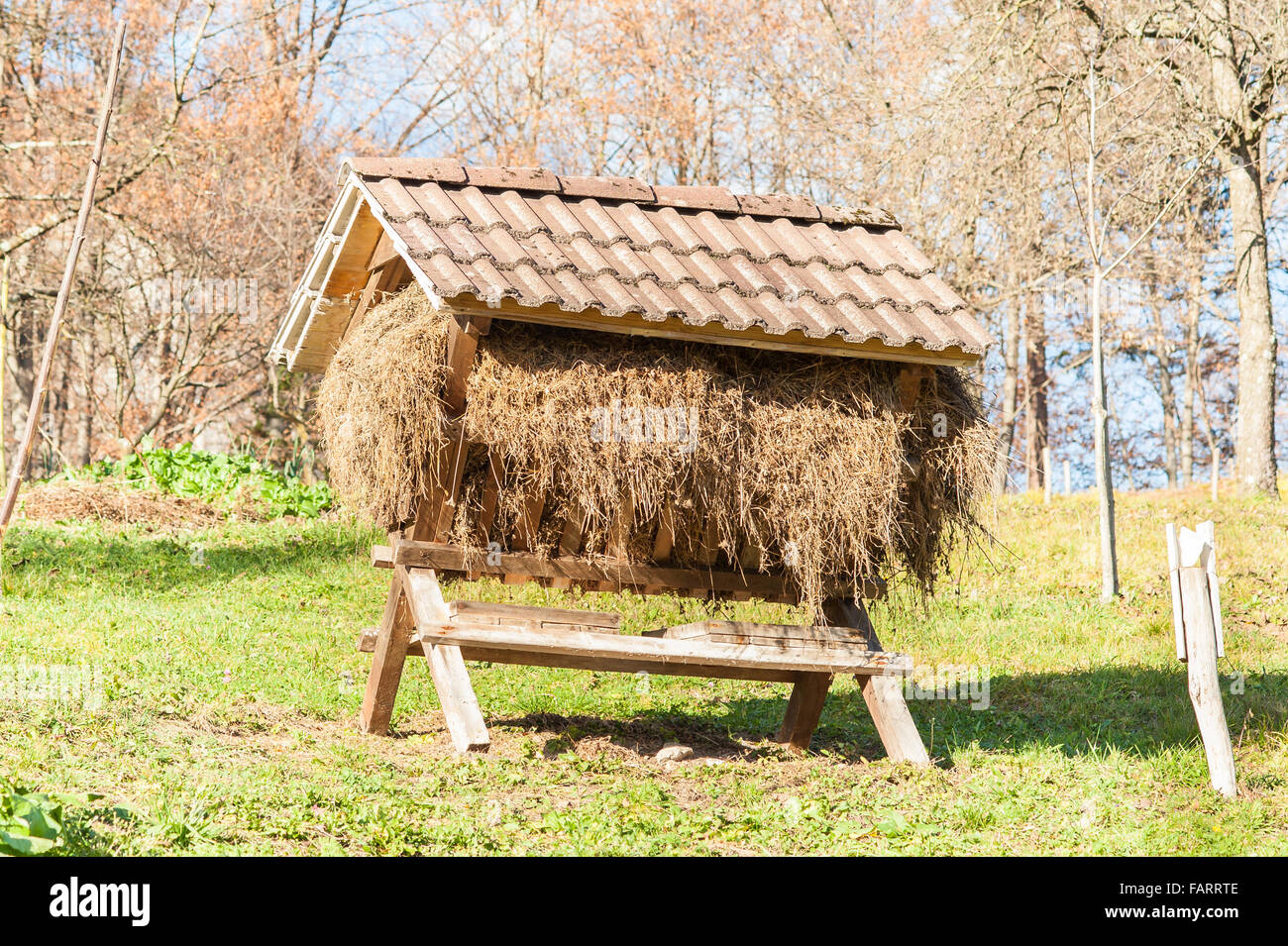 Krippe mit Heu in einen Stift für große Säugetiere. Das traditionelle Design der Wanne für die Fütterung der Tiere im Winter bei der Jagd Stockfoto
