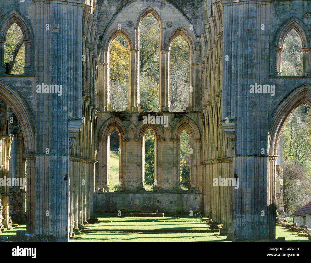 RIEVAULX Abtei North Yorkshire Fenster am östlichen Ende der Abtei Kirche zeigt Herbstfärbung der Bäume über Gothic Stockfoto