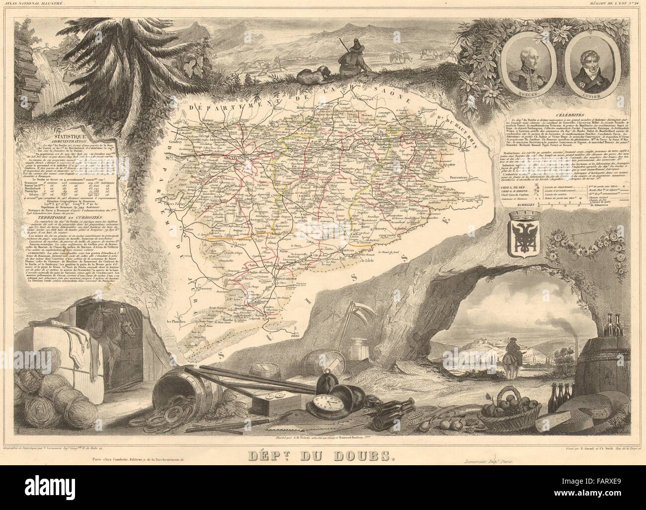 Département du DOUBS. Dekorative antike Karte/Carte von Victor LEVASSEUR, 1852 Stockfoto