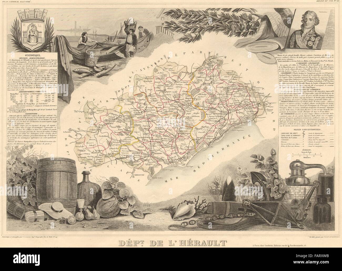 Département de l'HÉRAULT. Dekorative antike Karte/Carte von Victor LEVASSEUR 1852 Stockfoto