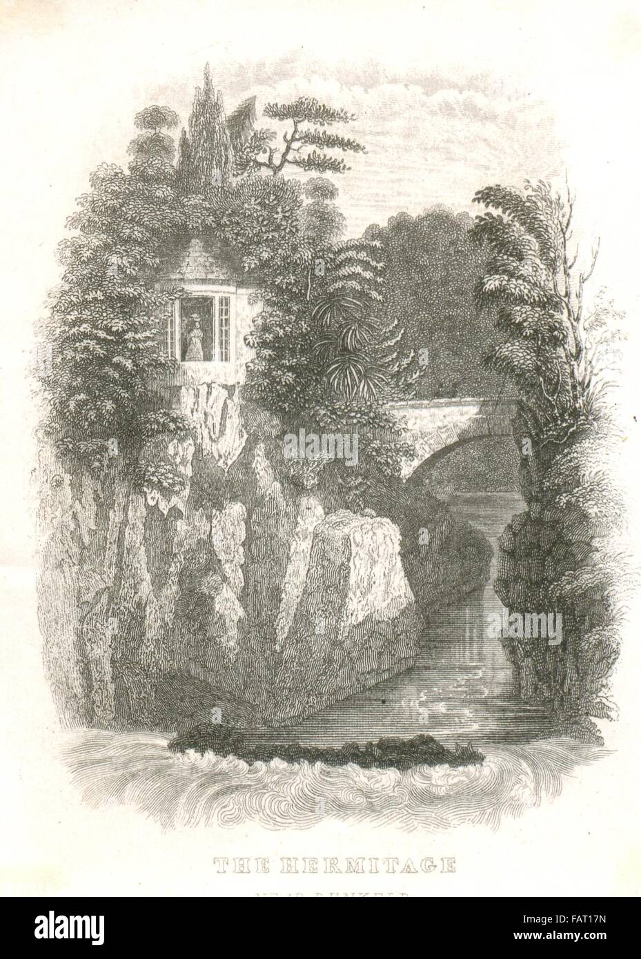 1840s der Gravur des 18. Jahrhunderts Hermitage als Ossian Hall., Crieff, Perthshire bekannt Stockfoto