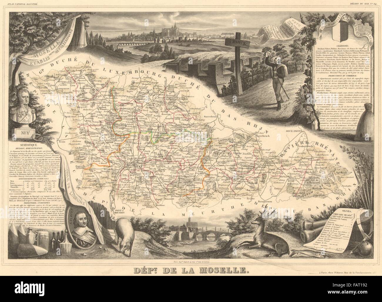 Département De La MOSELLE. Dekorative antike Karte/Carte. Victor LEVASSEUR 1852 Stockfoto