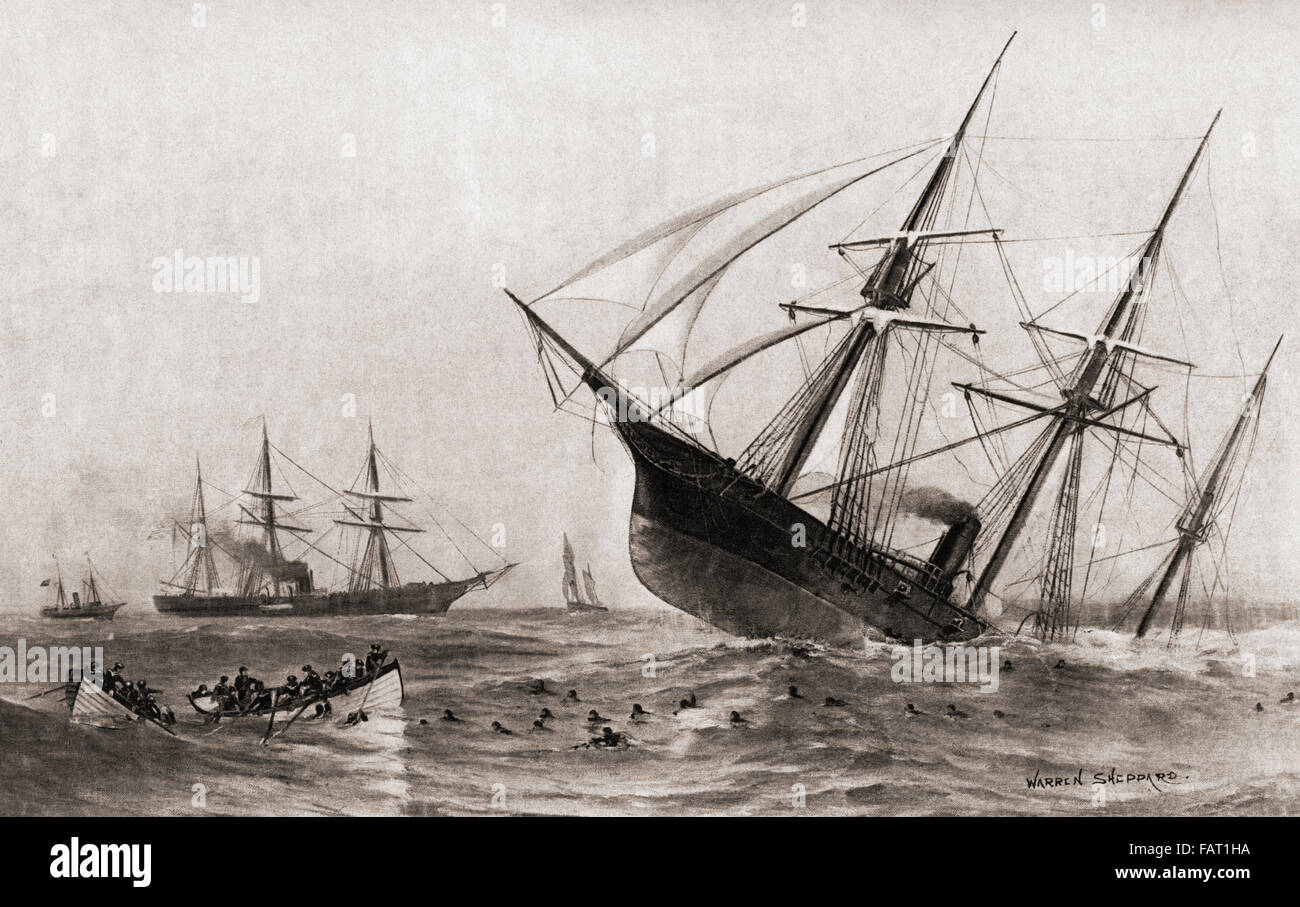 Der Untergang der CSS Alabama während der Schlacht von Cherbourg, oder die Schlacht von Cherbourg.  Single-Schiff Aktion kämpften während des amerikanischen Bürgerkriegs zwischen einem Kriegsschiff der United States Navy, die USS Kearsarge und ein Kriegsschiff der Confederate States Navy, die CSS Alabama, am 19. Juni 1864, vor Cherbourg, Frankreich. Stockfoto