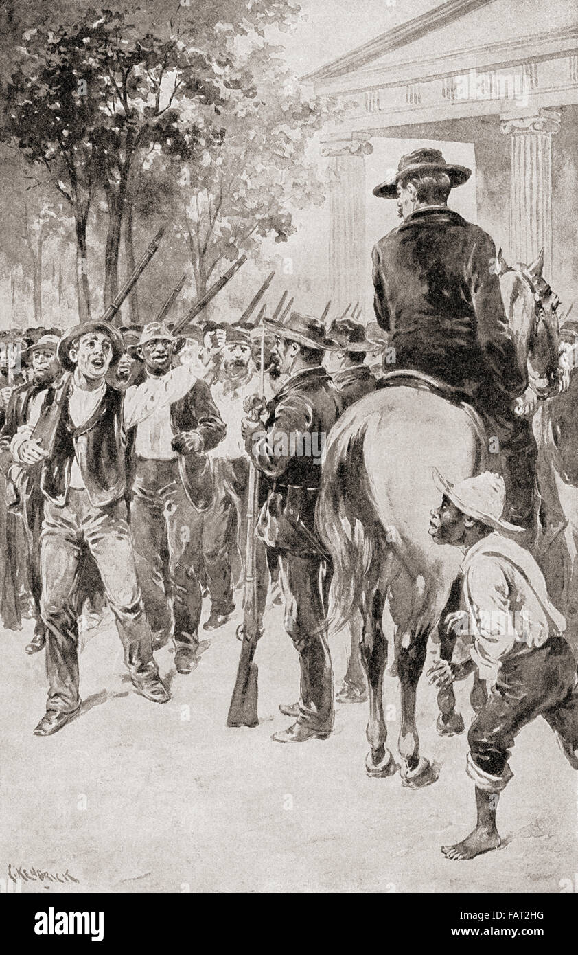 Ein Bürgerkrieg Szene in Little Rock, Arkansas, Vereinigte Staaten von Amerika.  Freiwillige Soldaten jubeln ihr Offizier, wie sie durch die Straßen der Stadt marschieren. Stockfoto