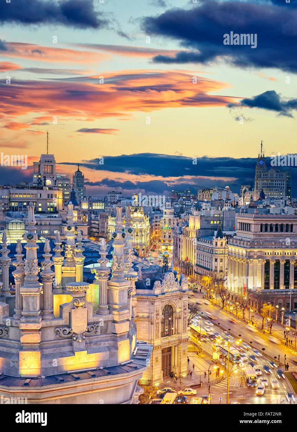 Madrid Skyline aus dem Cibeles Palast auf dem Dach. Madrid, Spanien. Stockfoto