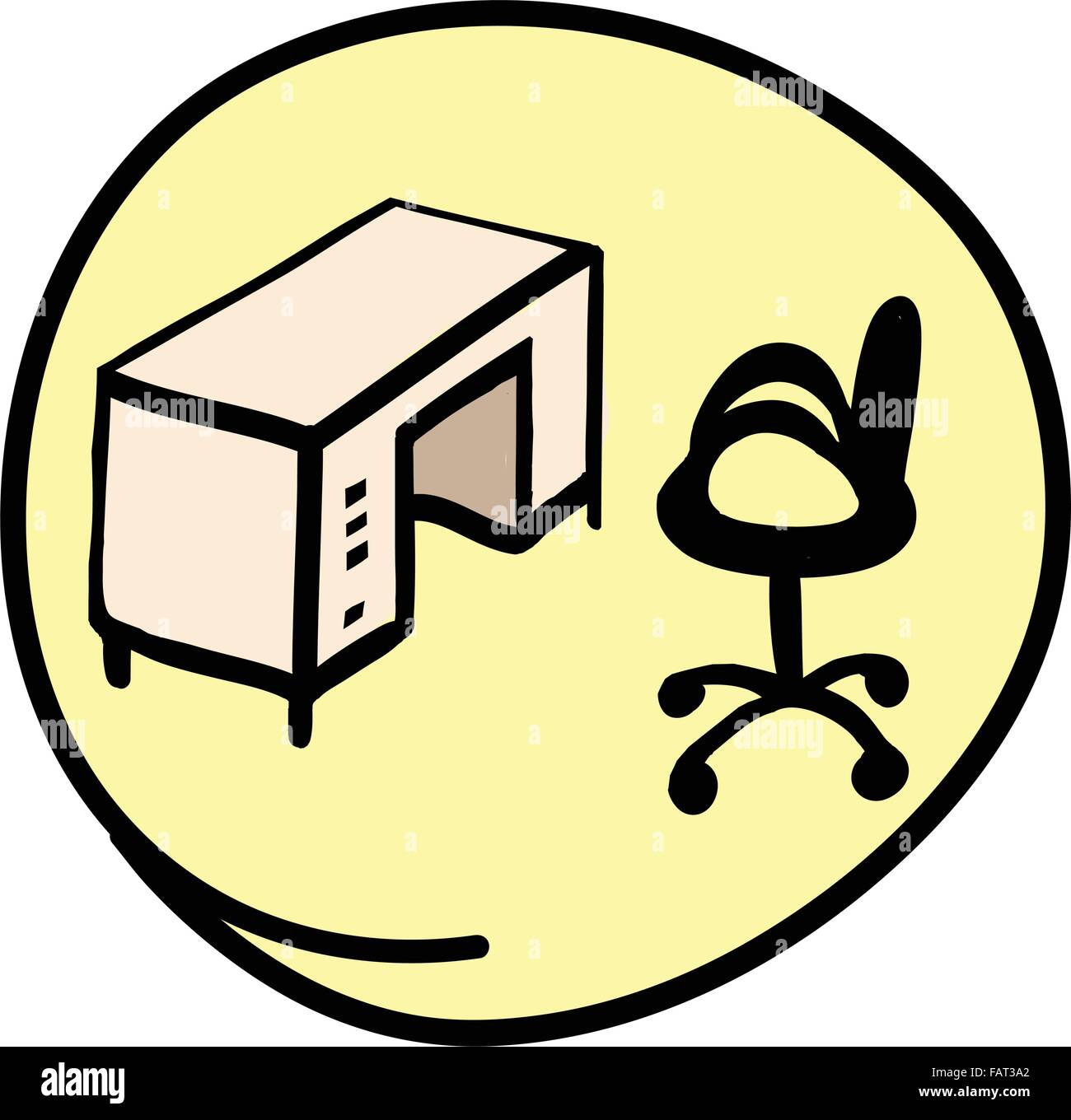 Bürobedarf, A Cartoon Illustration of Office Station mit Stuhl und Tisch im gelben Kreis Rahmen Stock Vektor