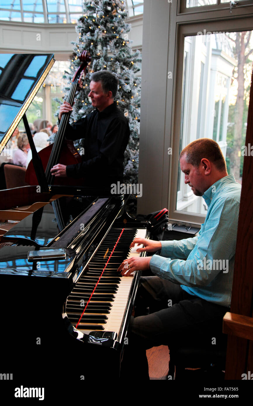 Pianist und Kontrabassist unterhalten in den Wintergarten, Galgorm & Spa Resort Stockfoto