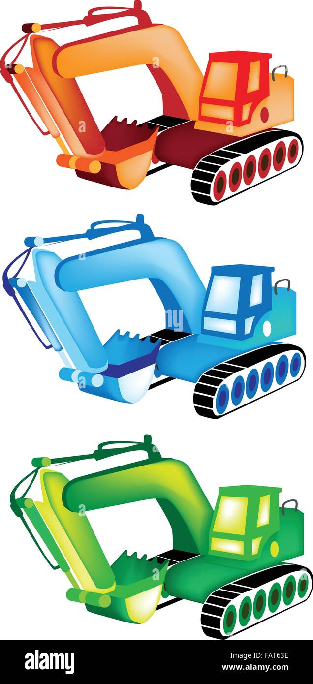 Schwere Baumaschinen, eine Illustration Sammlung von Orange, blau und grün Bagger oder Bulldozer auf weißem Hintergrund Stock Vektor