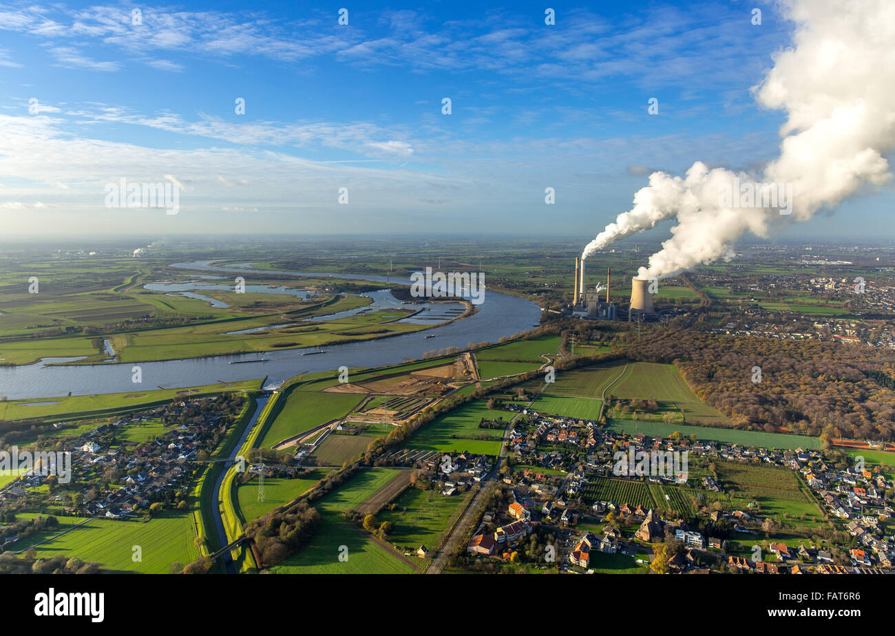 Emschermündung, Fluss Emscher und Rhein, Kohle-Kraftwerk, Dinslaken, Ruhr District, North Rhine-Westphalia, Deutschland Stockfoto