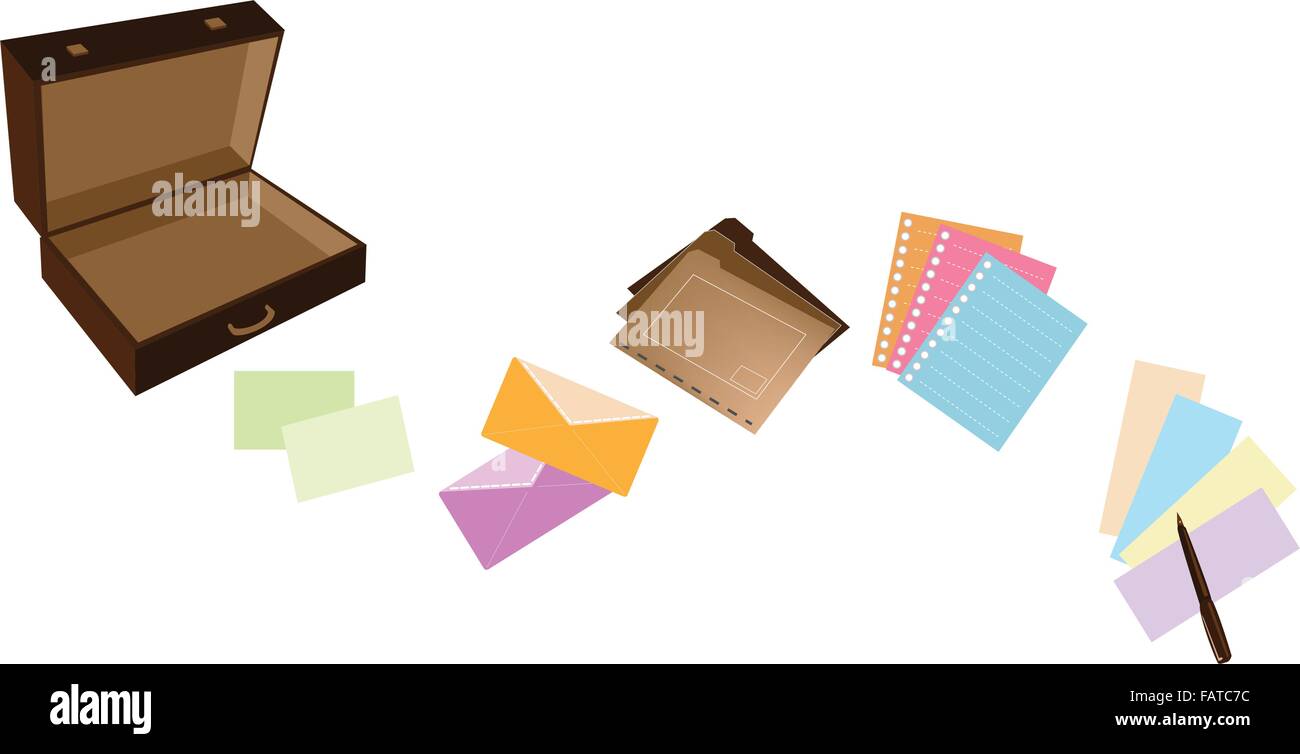 Eine Illustration des Open Dark Brown Aktentasche mit Office Supply, Notizpapier, Spirale Papier, Umschlag, Dateiordner und Stift Bus her Stock Vektor