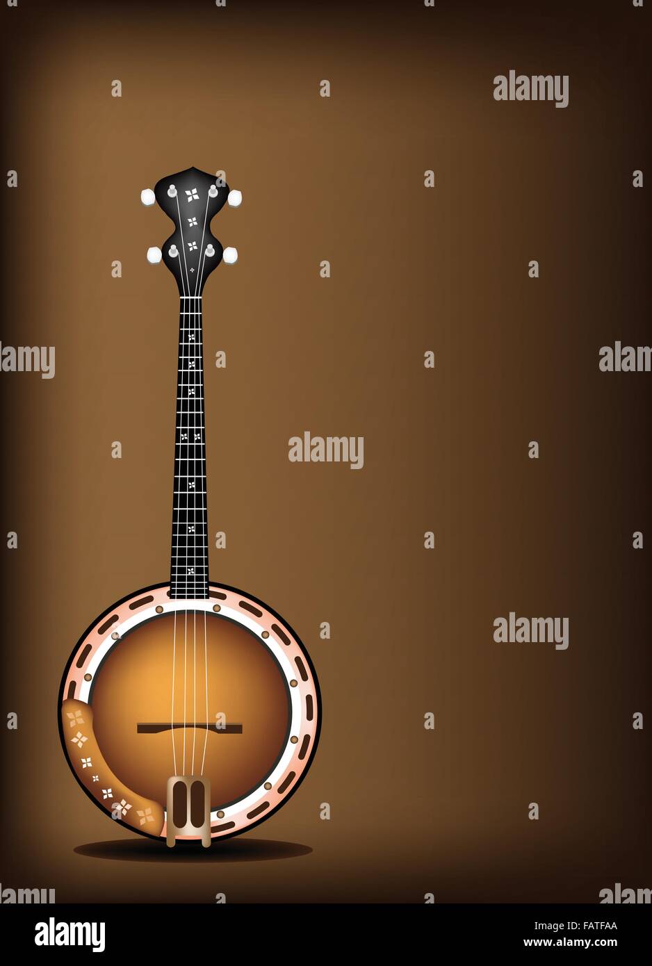 Musikinstrument, eine Abbildung von einer einzigen fünf-String Banjo auf schönen Vintage dunkel braunen Hintergrund mit textfreiraum für T Stock Vektor